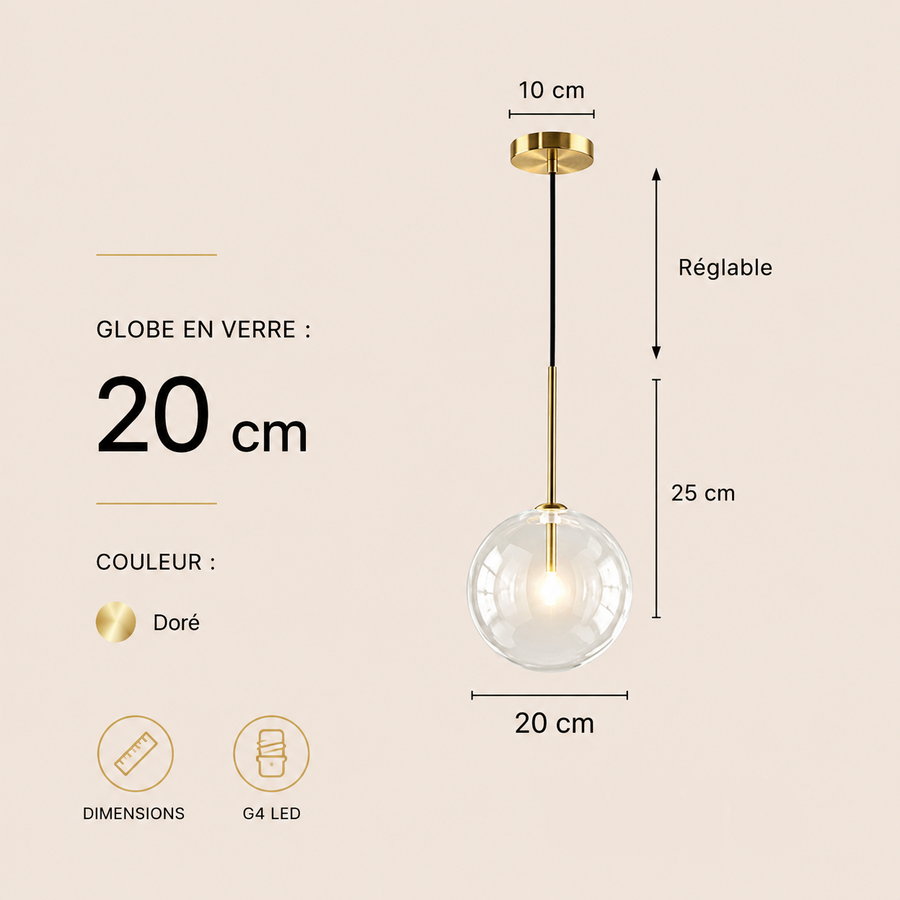 Suspension Sphère Verre Transparent et Laiton Minimaliste Design Boule - Cuisine Salon Salle à Manger — Acrux