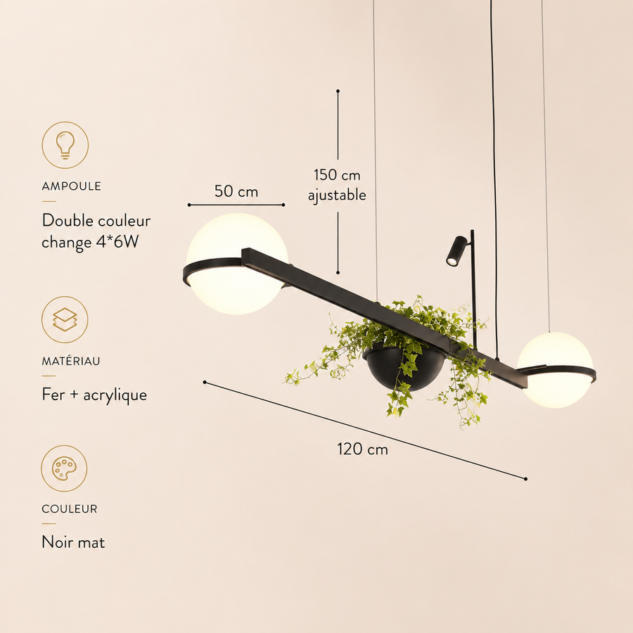 Suspension Sphère Verre Opalin et Métal Noir Mat Boule - Chambre Salon Cuisine — Celeste