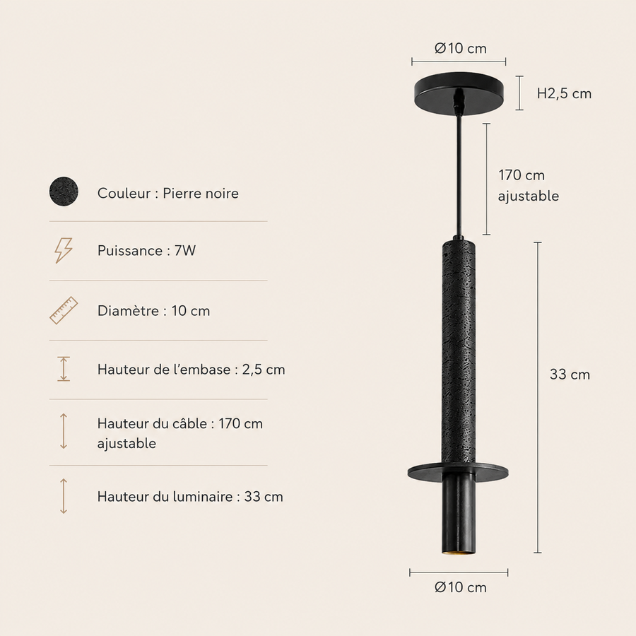 Suspension Cylindre Acier Noir Mat Minimaliste Design - Chambre Salon Cuisine — Vivace
