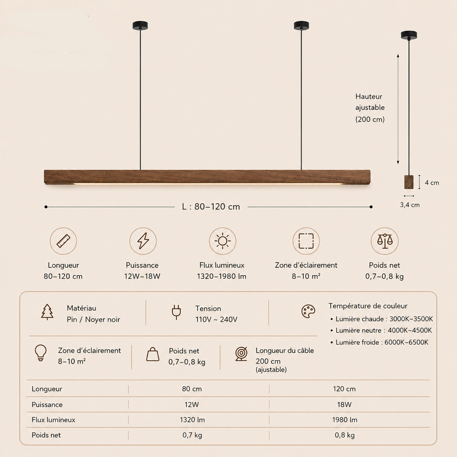 Suspension Barre Bois Naturel Minimaliste Design - Cuisine Chambre Salon — Linéo