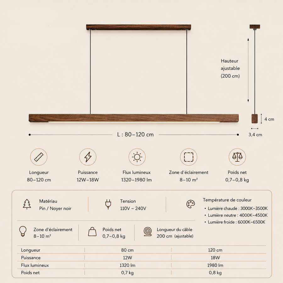 Suspension Barre Bois Naturel Minimaliste Design - Cuisine Chambre Salon — Linéo
