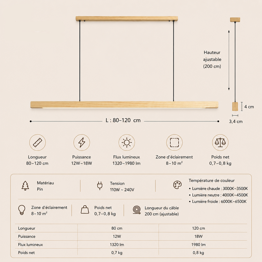 Suspension Barre Bois Naturel Minimaliste Design - Cuisine Chambre Salon — Linéo