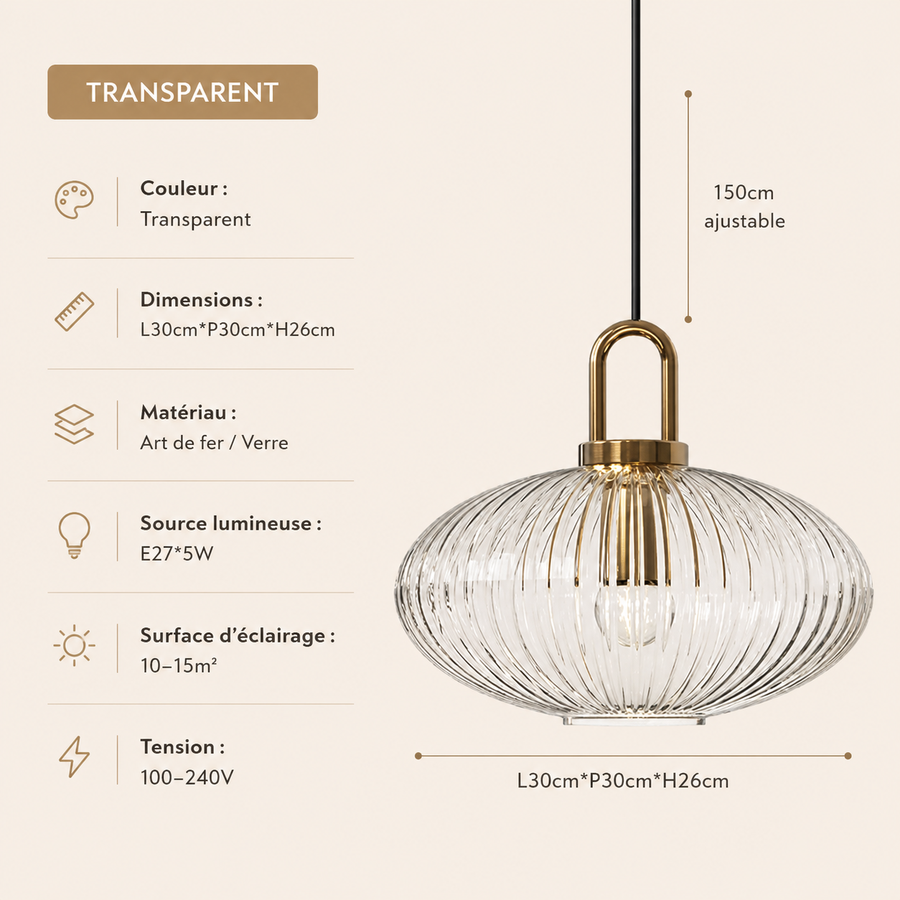 Suspension Cylindre Verre Strié et Laiton Doré - Chambre Salon Cuisine — Presto