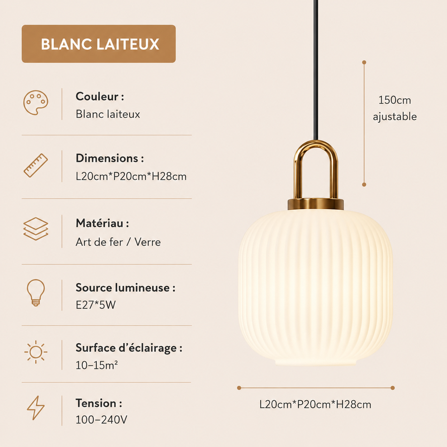 Suspension Cylindre Verre Strié et Laiton Doré - Chambre Salon Cuisine — Presto