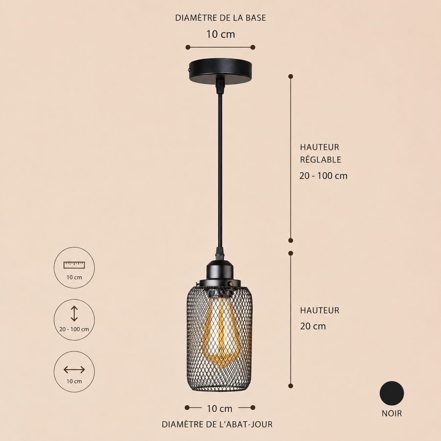 Suspension Cylindre Acier Noir Mat Industriel - Chambre Salon Cuisine — Vivo