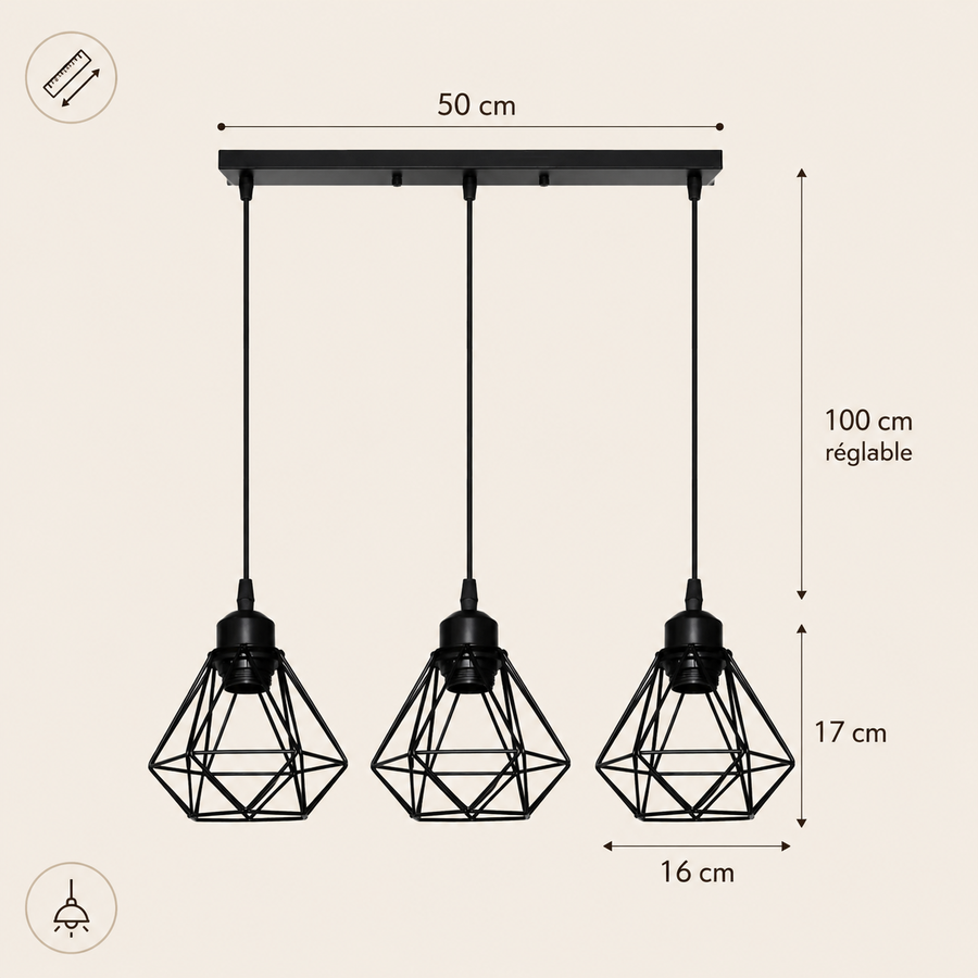 Suspension Abat-Jour Acier Noir et Laiton Industriel - Cuisine Salon Bureau — Puro