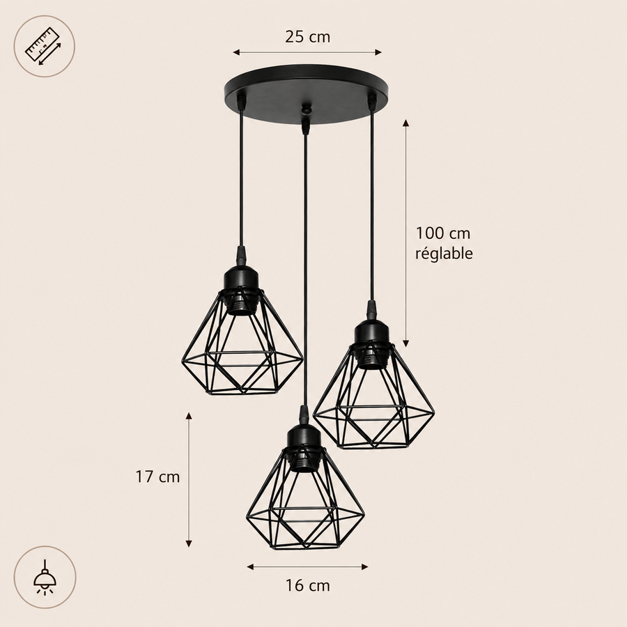 Suspension Abat-Jour Acier Noir et Laiton Industriel - Cuisine Salon Bureau — Puro