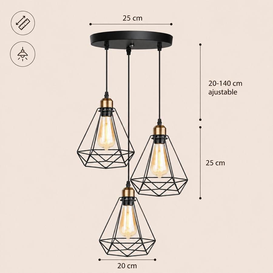 Suspension Cage Acier Noir et Laiton Doré Industriel Vintage - Cuisine Salon Bureau — Brux