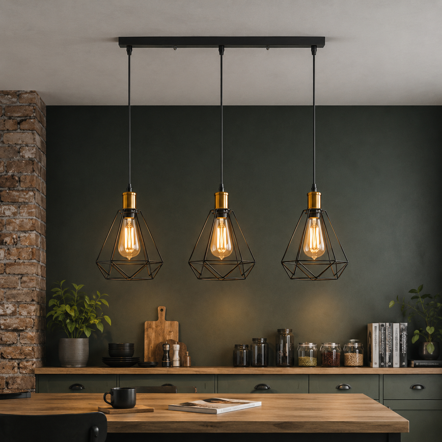 Suspension Cage Acier Noir et Laiton Doré Industriel Vintage - Cuisine Salon Bureau — Brux