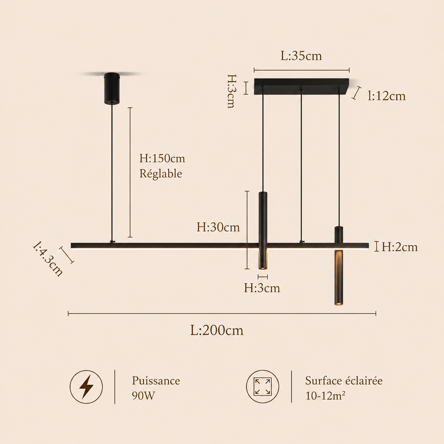 Suspension Linéaire Métal Noir Mat Minimaliste Design - Chambre Salon Cuisine — Traverse