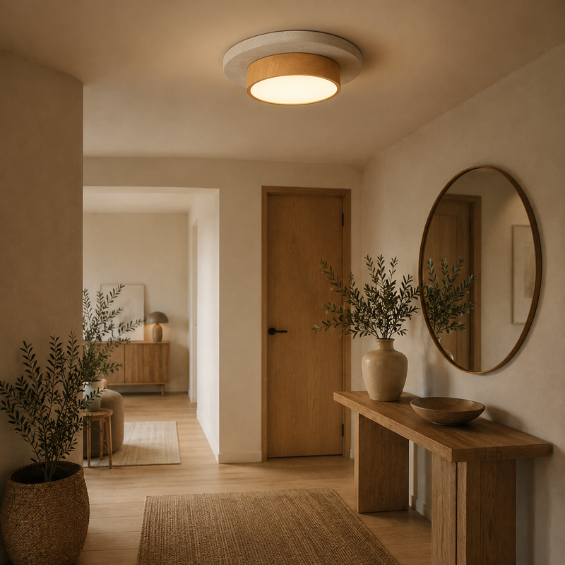 Plafonnier Béton Brut et Bois Naturel Anneau LED - Salon Cuisine Chambre — Quantum