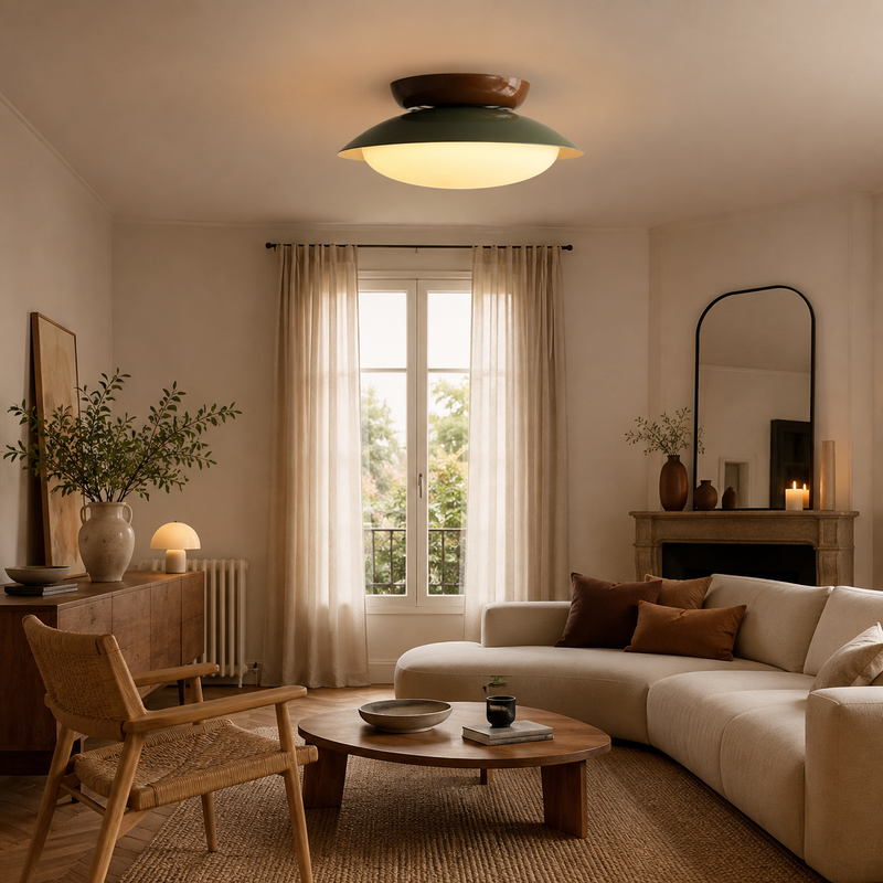Plafonnier Soucoupe Céramique Vert Olive et Brun - Salle de Bain Salon Chambre — Lazuli