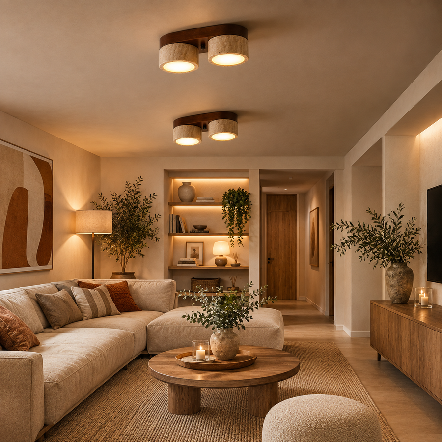 Plafonnier Cylindre Bois Foncé et Béton Épuré Design Moderne - Salon Chambre Salle à Manger — Vivace