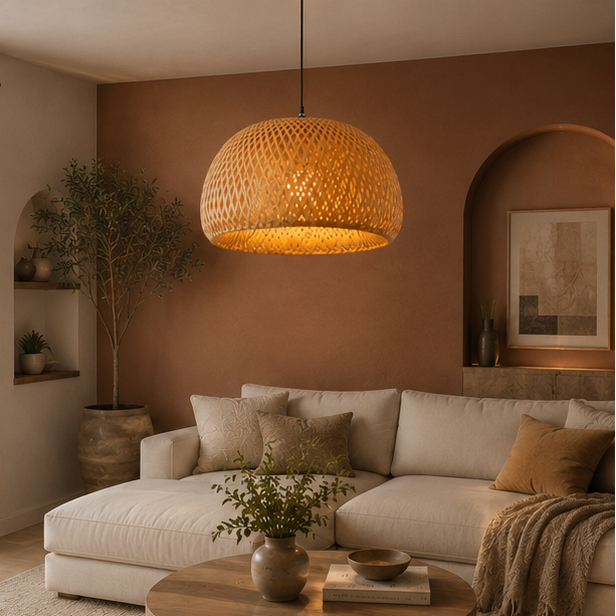 Suspension Dôme Bambou Tressé Naturel Épuré Design - Cuisine Chambre Salon — Adiza