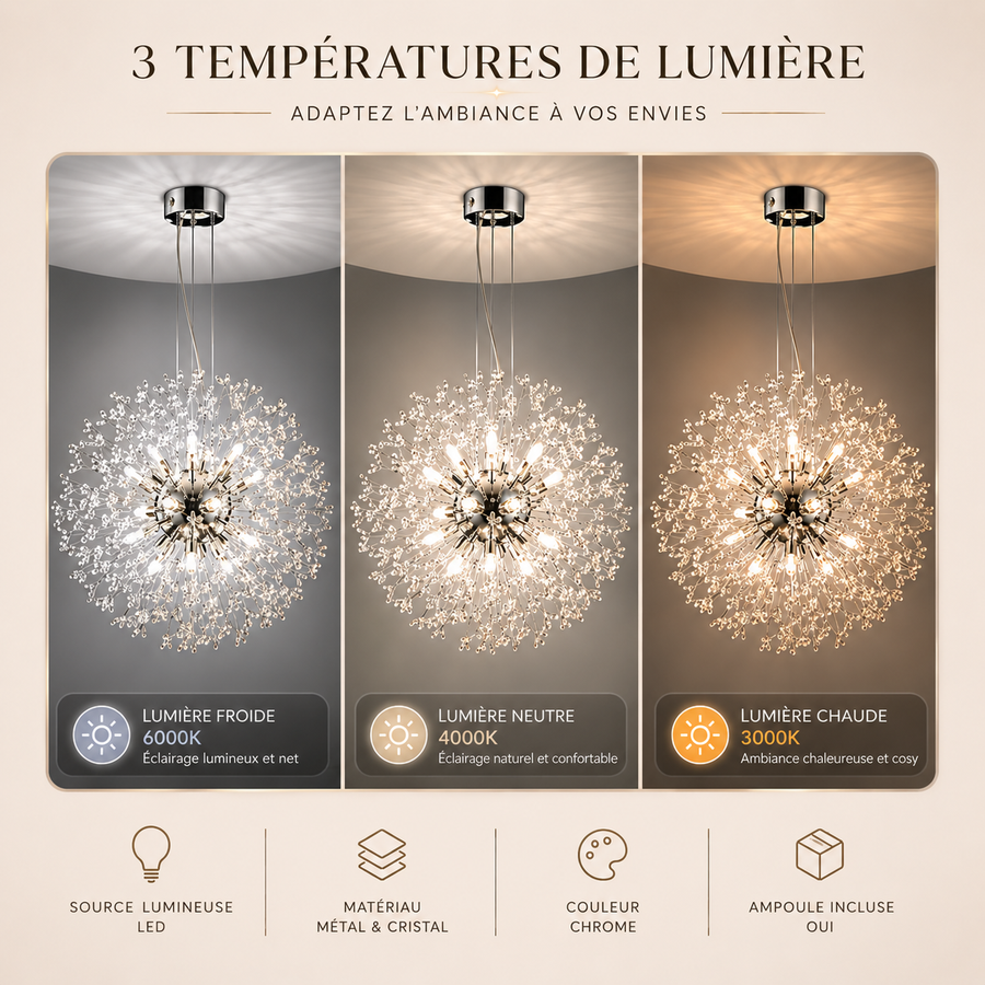 Lustre Suspension Sphère Cristal Étincelant et Métal Doré - Salon Salle à Manger — Novus