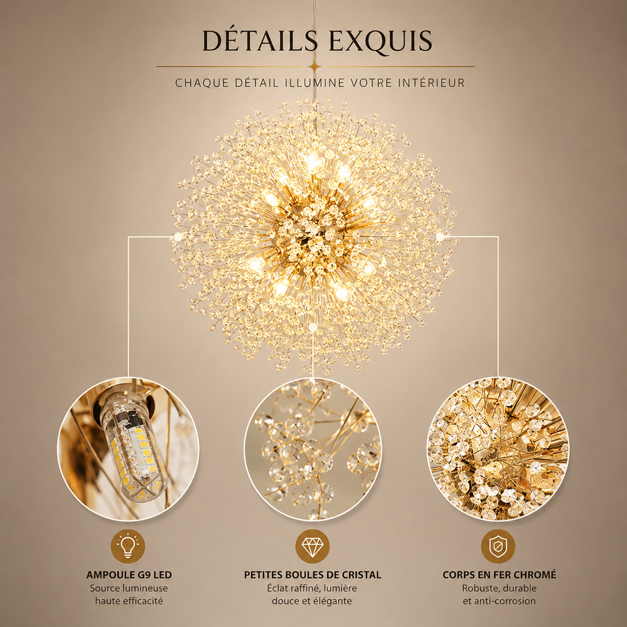 Lustre Suspension Sphère Cristal Étincelant et Métal Doré - Salon Salle à Manger — Novus