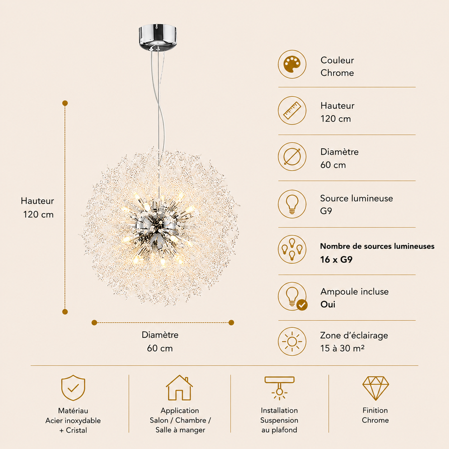 Lustre Suspension Sphère Cristal Étincelant et Métal Doré - Salon Salle à Manger — Novus
