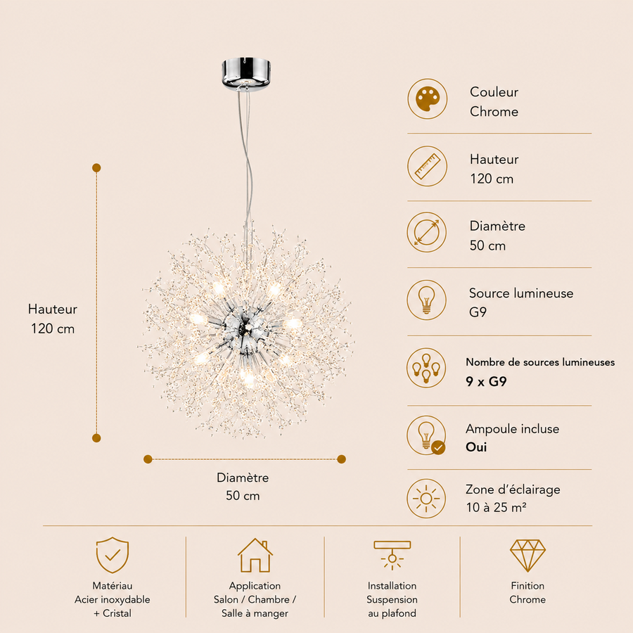 Lustre Suspension Sphère Cristal Étincelant et Métal Doré - Salon Salle à Manger — Novus