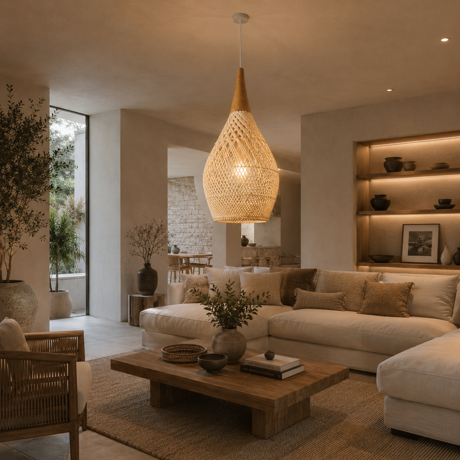 Suspension Goutte Rotin Noir et Bois Naturel - Cuisine Chambre Salon — Drops