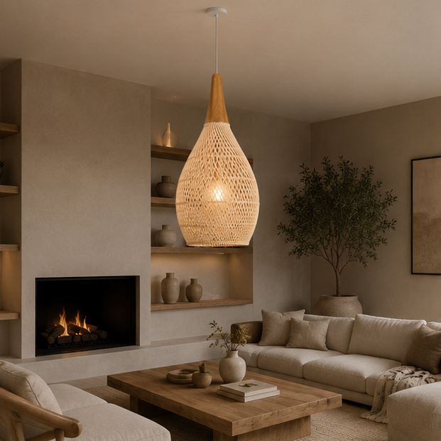 Suspension Goutte Rotin Noir et Bois Naturel - Cuisine Chambre Salon — Drops
