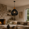 Suspension Goutte Rotin Noir et Bois Naturel - Cuisine Chambre Salon — Drops