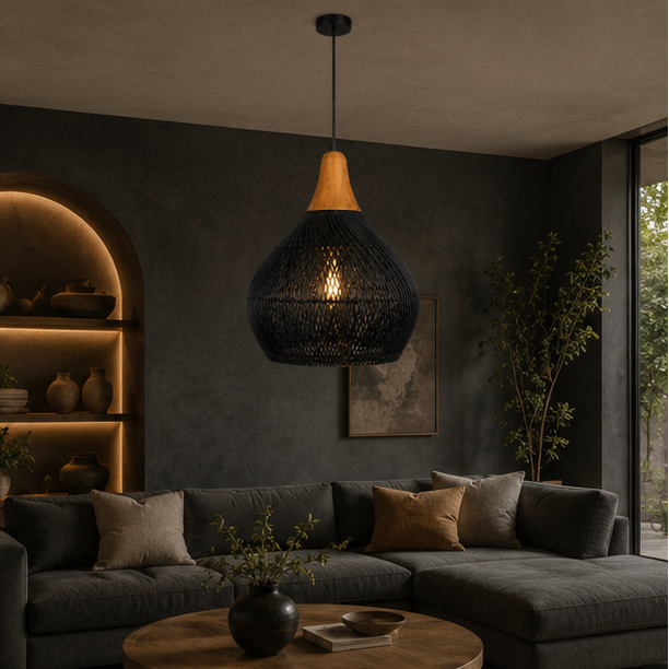 Suspension Goutte Rotin Noir et Bois Naturel - Cuisine Chambre Salon — Drops