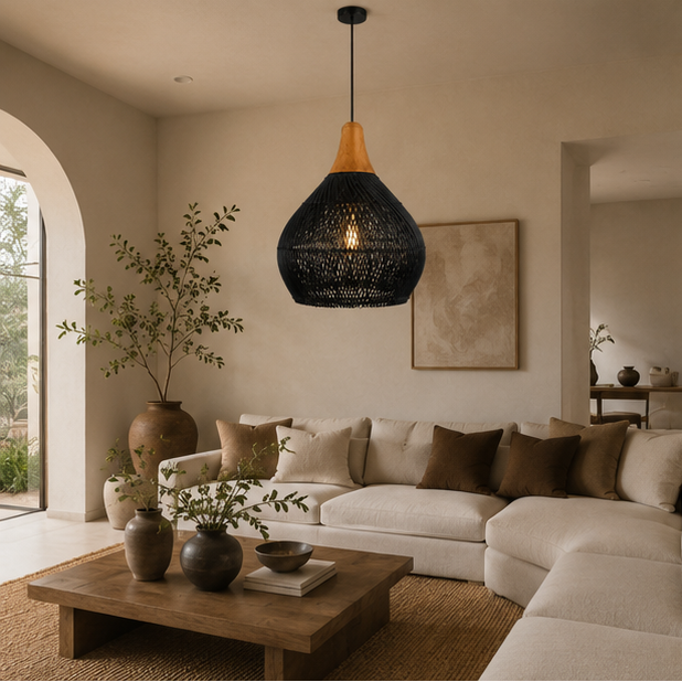 Suspension Goutte Rotin Noir et Bois Naturel - Cuisine Chambre Salon — Drops