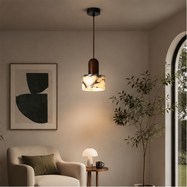 Suspension Cylindre Marbre Blanc et Bois Naturel - Cuisine Chambre Salon — Artemis