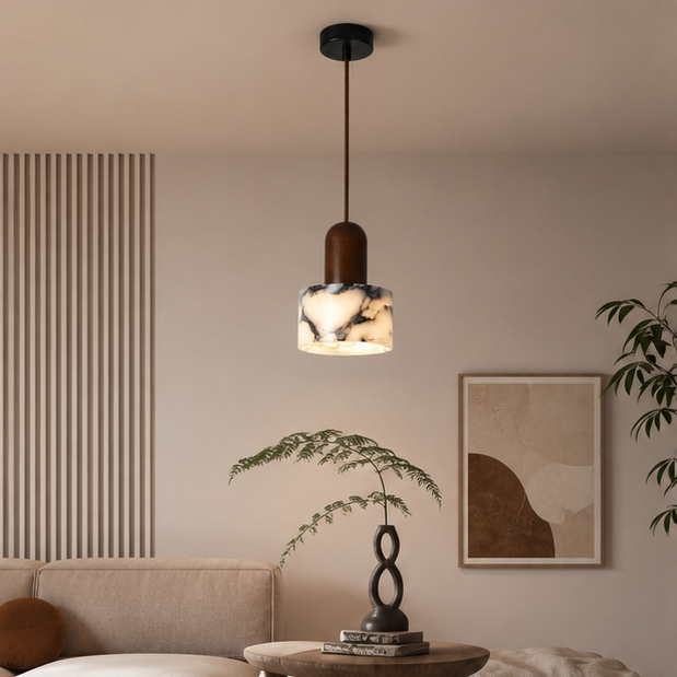 Suspension Cylindre Marbre Blanc et Bois Naturel - Cuisine Chambre Salon — Artemis