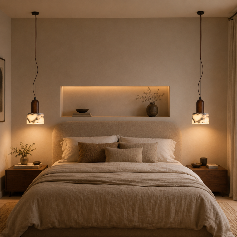 Suspension Cylindre Marbre Blanc et Bois Naturel - Cuisine Chambre Salon — Artemis