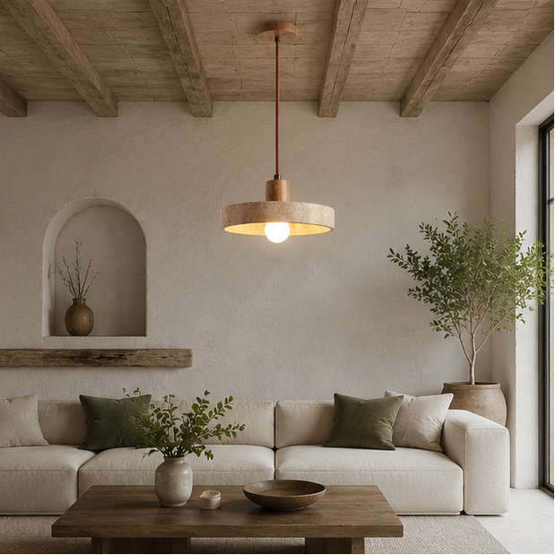 Suspension Cylindre Bois Clair et Béton Épuré Design - Chambre Salon Cuisine — Lumio