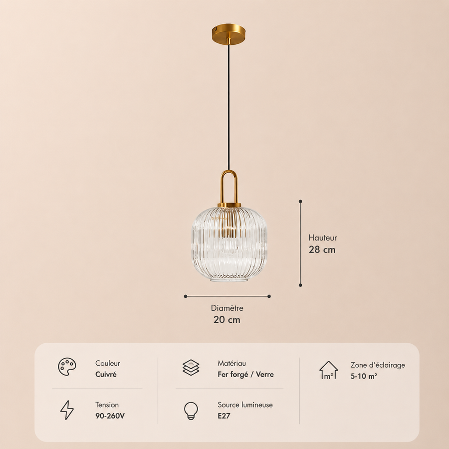 Suspension Cylindre Verre Strié et Laiton Doré - Chambre Salon Cuisine — Dag