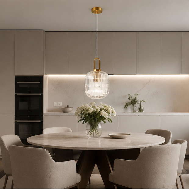 Suspension Cylindre Verre Strié et Laiton Doré - Chambre Salon Cuisine — Dag