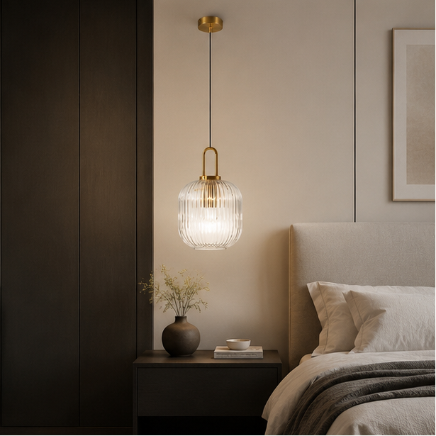 Suspension Cylindre Verre Strié et Laiton Doré - Chambre Salon Cuisine — Dag