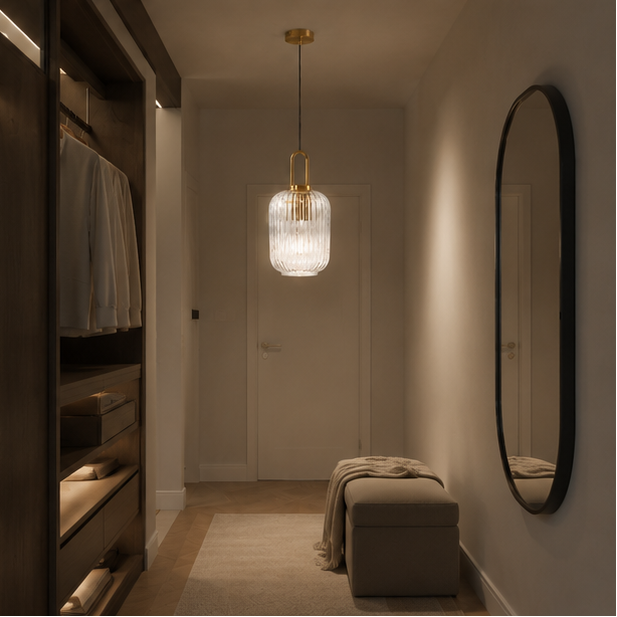 Suspension Cylindre Verre Strié et Laiton Doré - Chambre Salon Cuisine — Dag