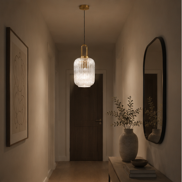 Suspension Cylindre Verre Strié et Laiton Doré - Chambre Salon Cuisine — Dag
