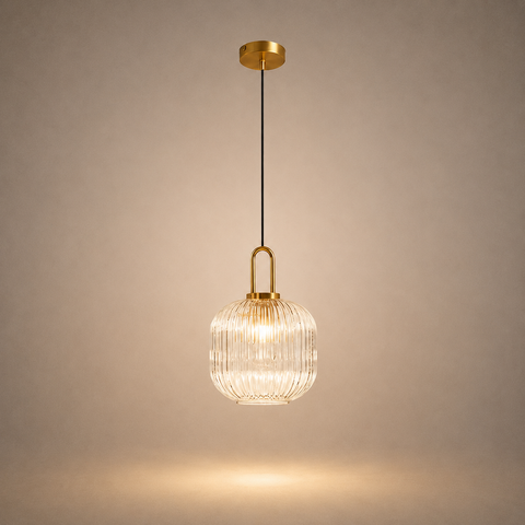 Suspension Cylindre Verre Strié et Laiton Doré - Chambre Salon Cuisine — Dag