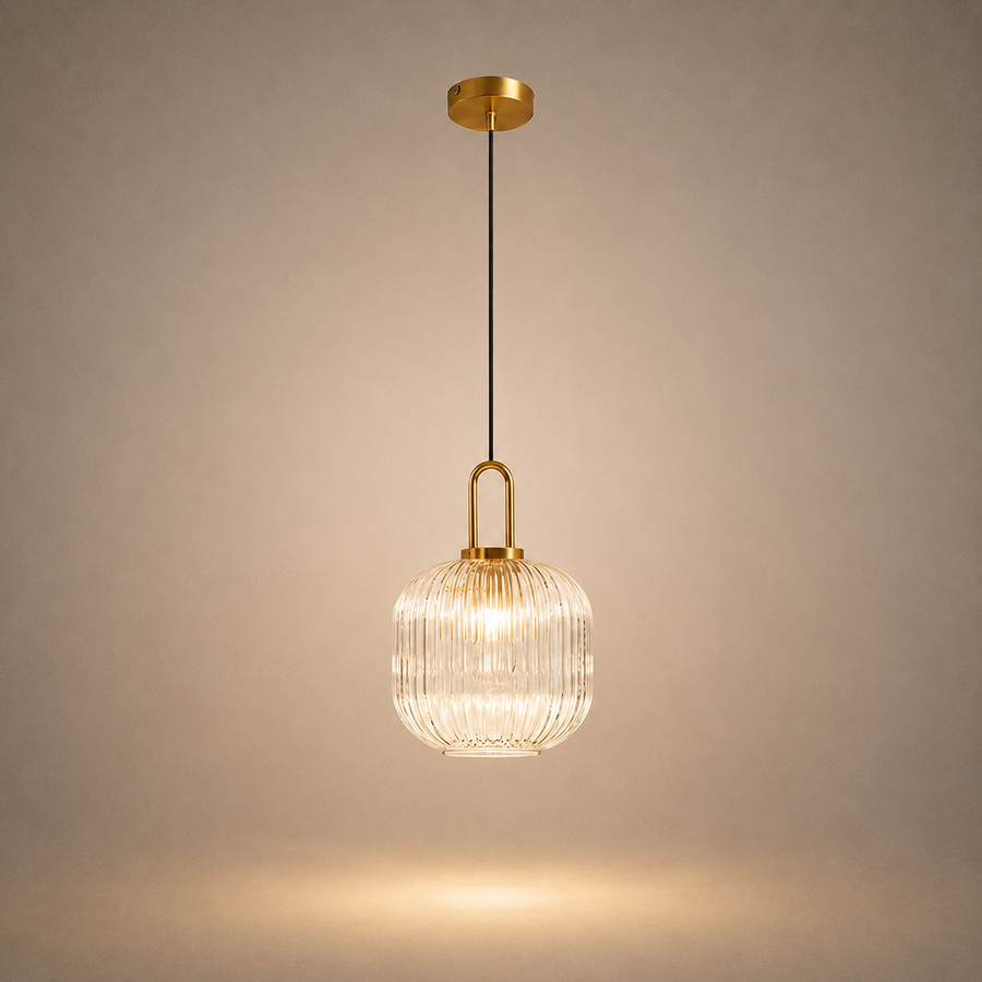 Suspension Cylindre Verre Strié et Laiton Doré - Chambre Salon Cuisine — Dag