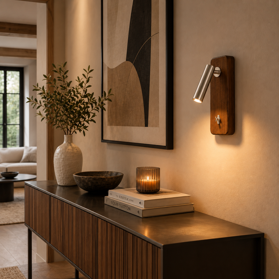 Applique Murale Cylindre Laiton et Bois Noyer Épuré Design Moderne - Chambre Salle de Bain Salon — Prisme