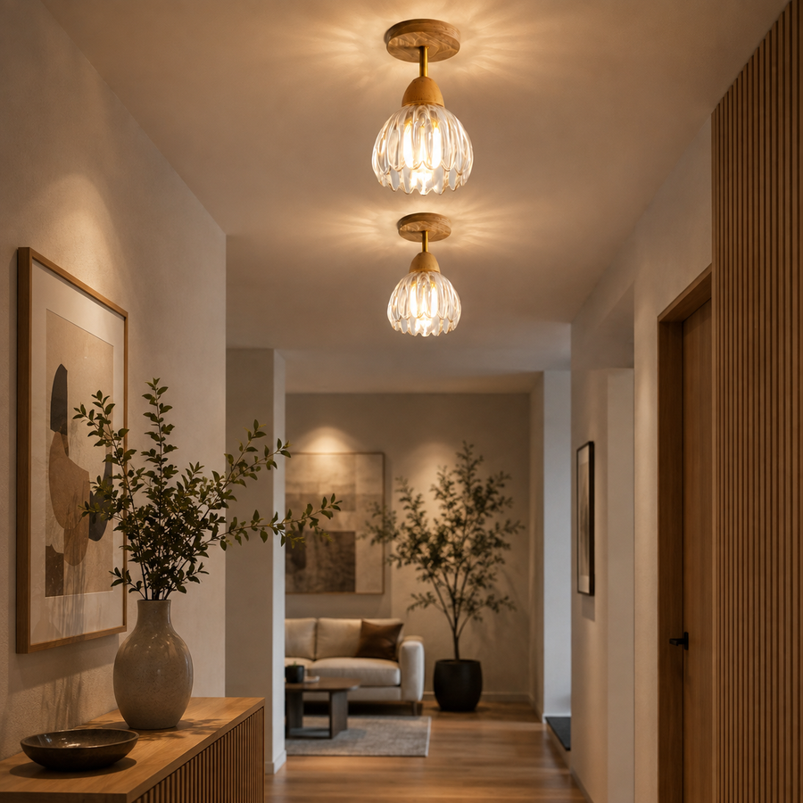 Suspension Cloche Verre Transparent et Bois Naturel - Cuisine Chambre Salon — Campanio
