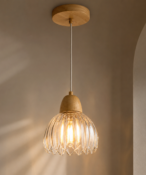 Suspension Cloche Verre Transparent et Bois Naturel - Cuisine Chambre Salon — Campanio