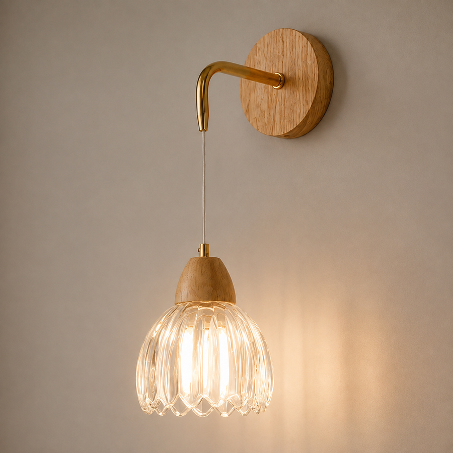 Suspension Cloche Verre Transparent et Bois Naturel - Cuisine Chambre Salon — Campanio