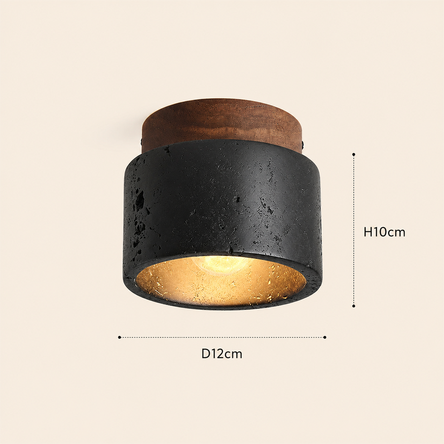 Plafonnier Cylindre Béton Noir et Bois Naturel - Salon Chambre Salle à Manger — Mimosa