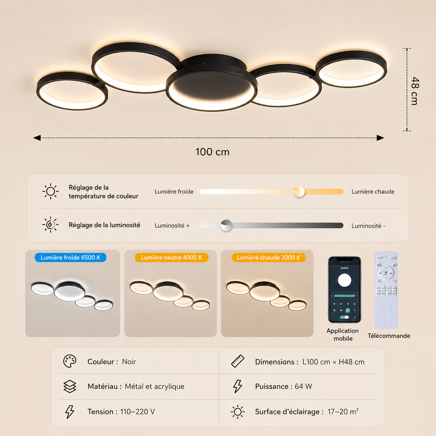 Plafonnier Anneaux Métal Design Salon LED Moderne Minimaliste - Salon Cuisine Chambre — Aether
