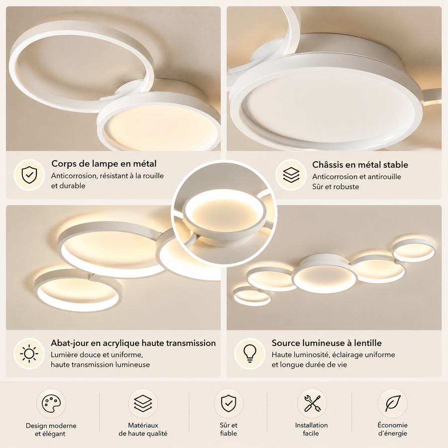 Plafonnier Anneaux Métal Design Salon LED Moderne Minimaliste - Salon Cuisine Chambre — Aether