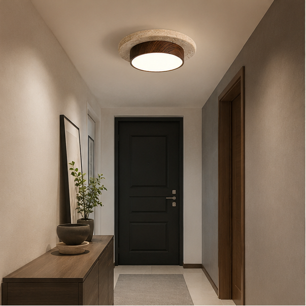 Plafonnier Béton Brut et Bois Naturel Anneau LED - Salon Cuisine Chambre — Quantum