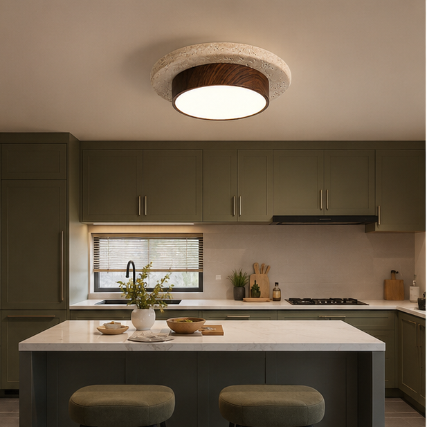 Plafonnier Béton Brut et Bois Naturel Anneau LED - Salon Cuisine Chambre — Quantum