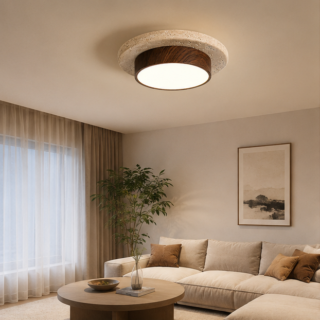 Plafonnier Béton Brut et Bois Naturel Anneau LED - Salon Cuisine Chambre — Quantum