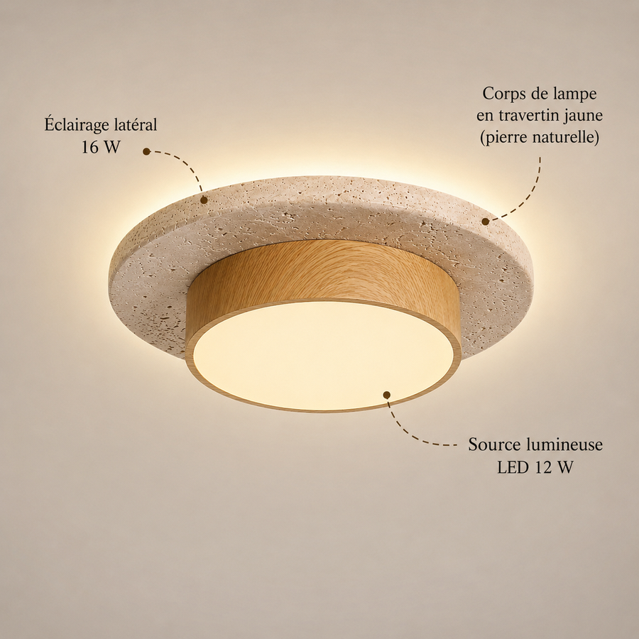 Plafonnier Béton Brut et Bois Naturel Anneau LED - Salon Cuisine Chambre — Quantum