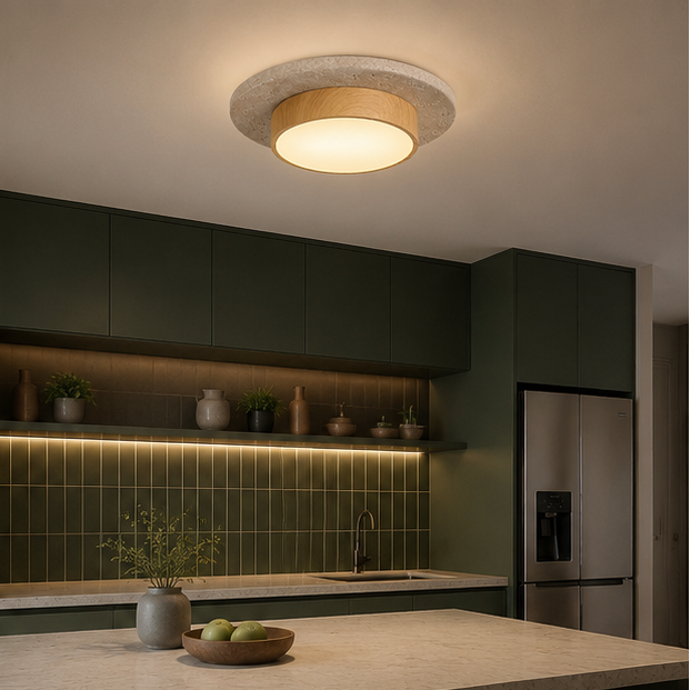 Plafonnier Béton Brut et Bois Naturel Anneau LED - Salon Cuisine Chambre — Quantum